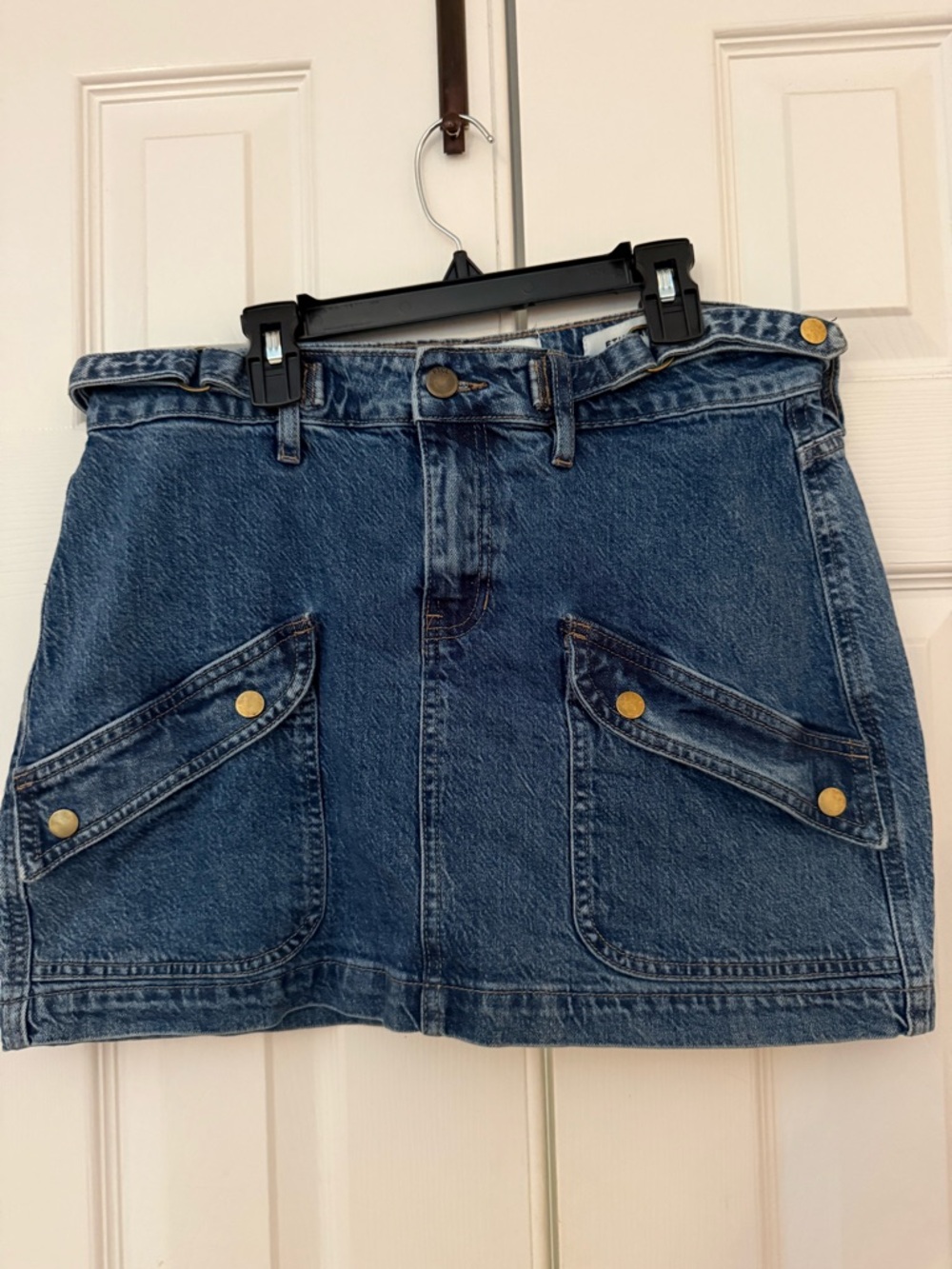 Dark Blue Denim Mini Skirt with Angled Flap Pockets